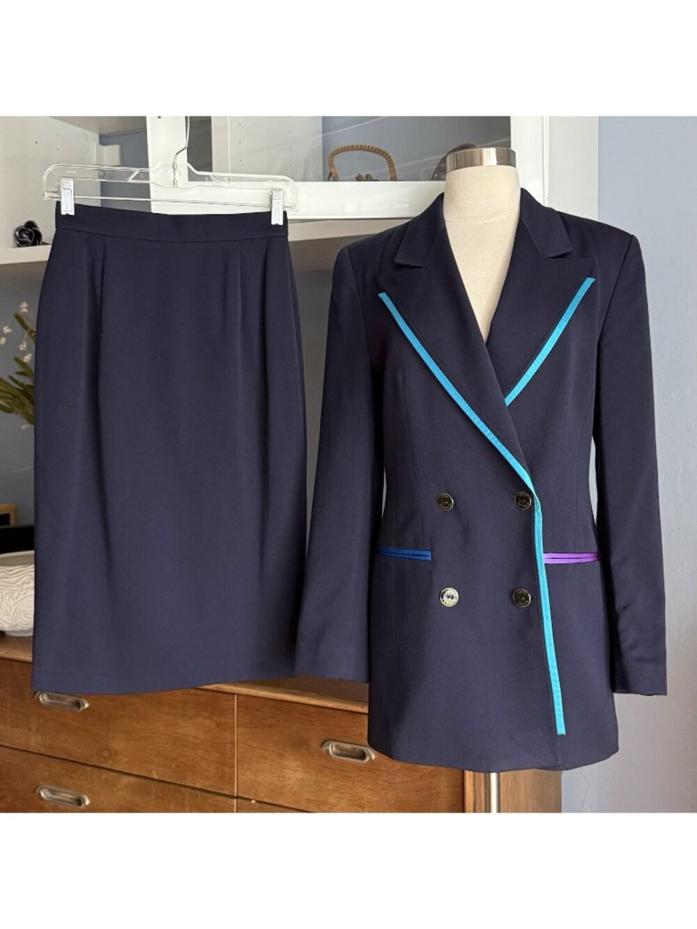 Vintage Louis Feraud Wool Jacket Skirt Suit Set Navy Blue w/ Stain Trim Sz US 4